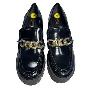 GUESS Black Chunky Platform Lug Sole Gold Chain Loafers Sz 9 Hillford